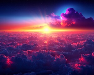 Wall Mural - Vivid Aerial View of Fluffy Clouds Illuminated by a Sunset, Creating a Dramatic and Colorful Sky