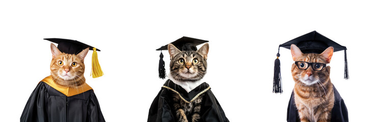 Set of cat wearing a graduation gown on transparency background PNG

