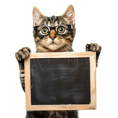 Wall Mural - Cat wearing glasses holding chalkboard standing full body on transparency background PNG
