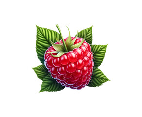 Ripe red fresh raspberry with leaf isolated  on transparent background Ai generative.