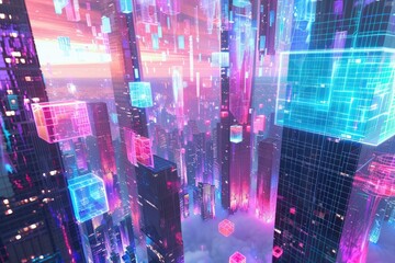 Canvas Print - Abstract 3d rendering of futuristic city with glowing neon lights. Futuristic cityscape.