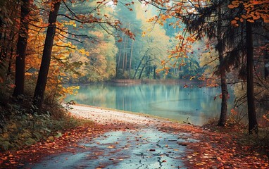 Autumn landscape in forest with bright colored leaves, lake and front road. 