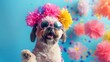 Cheerful Shih Tzu Dog Wearing Vibrant Cheerleader Costume on Pastel Background