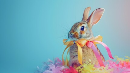 Cheerful Cottontail Rabbit in Vibrant Cheer Outfit Against Serene Blue Background