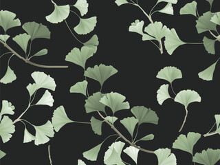 Wall Mural - Seamless pattern, green ginkgo leaf branch on dark grey background