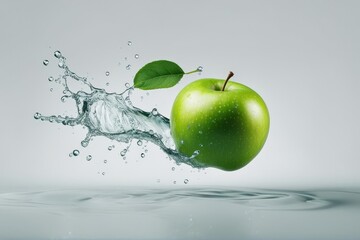 Wall Mural - 'green apple water splash isolated white background breakfast bright colours cut design diet drink dripped droplet eating element expression falling flowing food fruit health healthy juice juicy leaf'