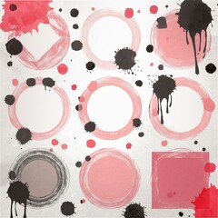 Wall Mural - Set of frame and black round ink stains, lines and drips, splatters, ink blots isolated on white background.