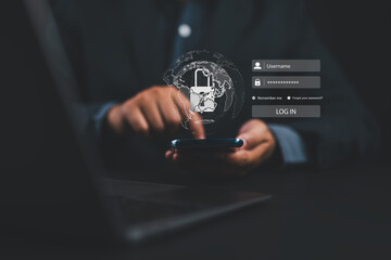 Fototapete - cybersecurity essentials, digital crime prevention by anonymous hackers, personal data security, and banking and finance.