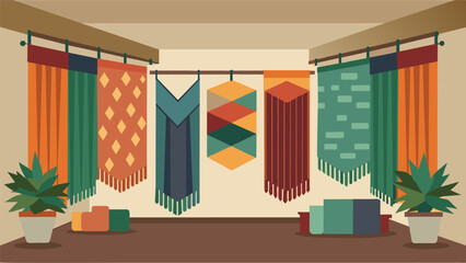 Wall Mural - The walls of the hotel are adorned with handcrafted tapestries made from recycled fabrics adding a touch of warmth and texture to the space.. Vector illustration