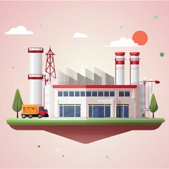 Wall Mural - Factory building exterior manufacture, gas station and refinery, engineering chemical building illustration