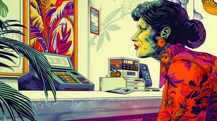 Wall Mural - Bank Teller Interactions: Engaging Illustration of Professional Environment