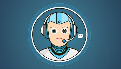 Wall Mural - Humanoid female robot avatar chatbot. Round icon of AI face in image. Logo of AI chatbot for online technical support. Headset with microphone on head.