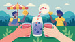 © Justlight - At a backyard cookout friends raise their glasses of homemade blueberry lemonade spiked with vodka and served with a straw wrapped in red and white. Vector illustration