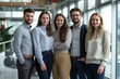 © yj - Happy business team standing together in the office, smiling at the camera. A strong, smart, confident group of professional businesspeople looking forward to success at a work meeting. generative AI