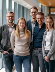 Wall Mural - Happy business team standing together in the office, smiling at the camera. A strong, smart, confident group of professional businesspeople looking forward to success at a work meeting. generative AI