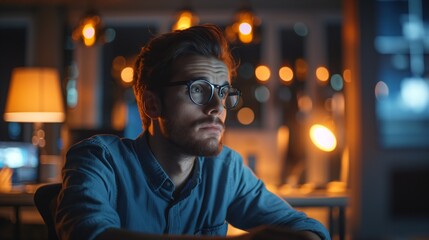 Focused Man Working Late on Computer