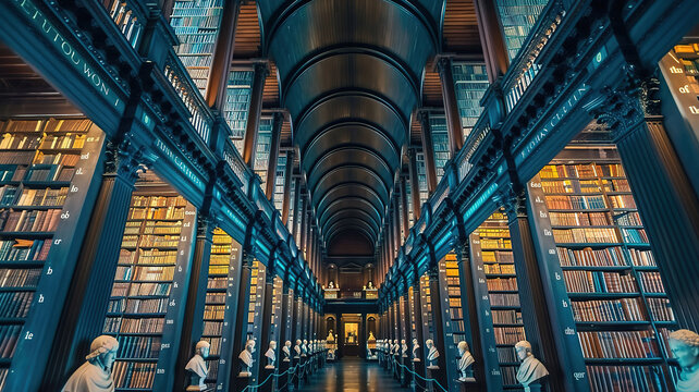 Magnificent The Long Room in the Trinity College Library, home to The Book of Kells, Perspective