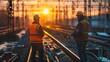 Two railroad workers are standing on the tracks at sunset.