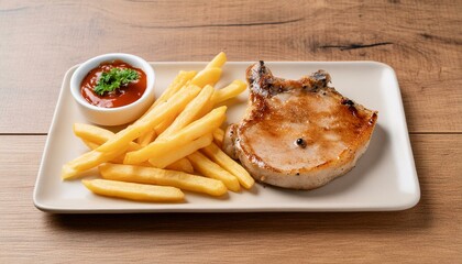 Poster - Grilled pork steak with french fries on wooden background.