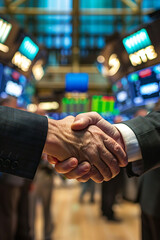 Aufkleber - Close-up of a handshake amidst a busy stock exchange, symbolizing financial success