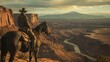  Cowboy on horseback gazes over canyon at sunset. Stetson hat, leather gloves. American Southwest cinematic feel