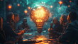 © Artomoro - business people sitting around a table with light bulbs surrounded by ideas, in the style of cyber punk scene, round sculpture, photo-realistic still life, shaped canvas, selective focus