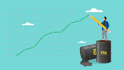 oil price rising up with businessman standing on a pile of oil barrels drawing rising graph, crude oil commodity price growth after crisis, high demand or many industries that use gasoline