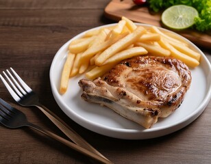 Poster - Grilled pork steak with french fries on wooden background.