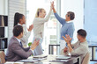 High five, business and people with meeting in office for staff or company feedback, project and sales target success. Team, applause and celebrate for employee promotion, achievement and partnership
