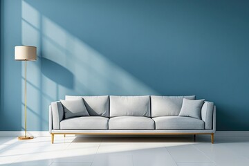 Scandinavian interior of living room concept, light gray sofa with gold lamp on white flooring and blue wall