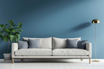 Scandinavian interior of living room concept, light gray sofa with gold lamp on white flooring and blue wall
