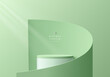 3D green round product podium background with paper cut swirl flow. Abstract composition in minimal design. 3D studio showroom product pedestal, Fashion showcase mockup scene. Vector banner cosmetic.