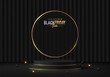 3D black product podium background with golden ring frame. Black friday sale. Abstract composition in minimal design. Studio showroom product pedestal, Fashion showcase mockup scene. Banner cosmetic.