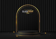 3D black product podium background with gold arch backdrop. Black friday sale. Abstract composition in minimal design. Studio showroom product pedestal, Fashion showcase mockup scene. Banner cosmetic.