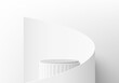 3D white round product podium background with white clean paper swirl flow. Abstract composition in minimal design. 3D studio showroom product pedestal, Fashion showcase mockup scene. Banner cosmetic.