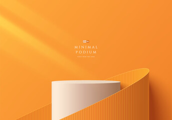 Wall Mural - 3d orange round product podium background with paper cut swirl flow. abstract composition in minimal