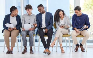 Poster - Diversity, people and happy with technology for job interview, networking and communication at office. Employee, interns and smile at work for training, hiring or career opportunity with conversation
