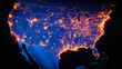 The map of United States of America at night, viewed from space, illuminated with city lights showing the volume of electricity usage in the country