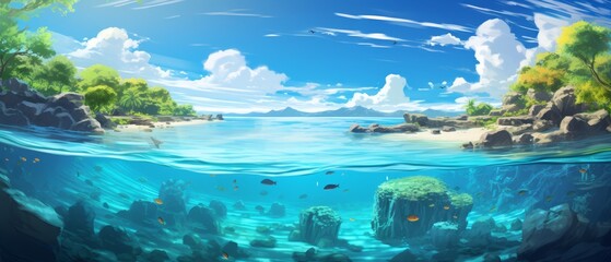 Wall Mural - Peaceful tropical lagoon with clear blue water, fish visible, and a gentle sun,