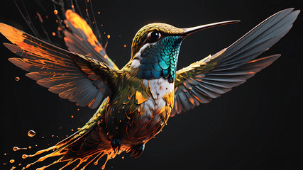 hummingbird, Hyperdetailed Eyes, Tee-Shirt Design, Line Art, Black Background, Ultra Detailed Artistic, Detailed Gorgeous Face, Natural Skin, Water Splash, Colour Splash Art, Fire and Ice, Splatter, B