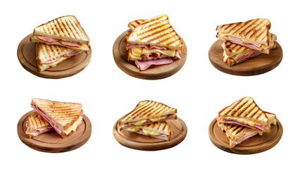 Wall Mural - Collection toasted sandwich with ham and melted cheese on wooden board isolated on a transparent background, PNG
