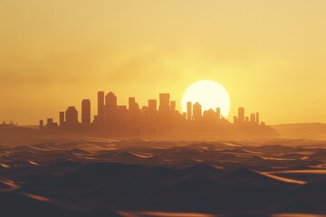 Wall Mural - A city skyline is silhouetted against a bright orange sky