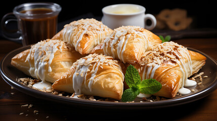 Cheese Filled Pastry Pies With Yogurt Sauce and Mint Leaves On Blurry Background