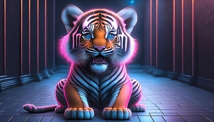 tiger in the form of a tiger. loseup of a happy baby red tiger. baby tiger, cute tiger. neon