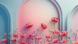 abstract pink background featuring a minimalist and modern arch adorned with flowers, adding a touch of elegance and simplicity to the design
