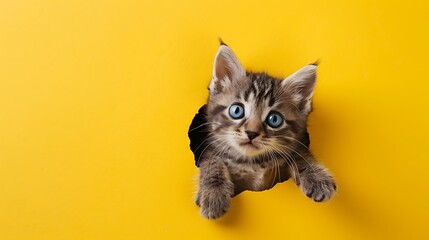 Funny gray tabby cute kitten with beautiful blue eyes on bright trendy yellow background. Lovely fluffy cat climbs out of hole in colored background. Generative Ai