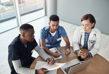 Poster - Doctor, nurse and teamwork in meeting with laptop, planning and research ideas for cancer in genetic mutation. Healthcare people or oncology students with online results or progress in clinical trial