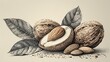 A classic collection of elegant vintage drawings featuring almond fruits in shell and shelled with two leaves. Delicious edible drupe or nut hand drawn in elegant vintage style.