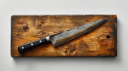 A Clean Knife. top view, on white background and cutting board and space for text.