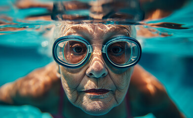 Senior's Swim. Older woman wearing goggles swimming in a pool.